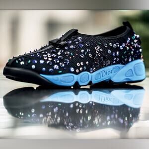Dior Fusion Black Mesh Beaded Sequin Embellished Pull On Sneakers 38.5 (8.5)